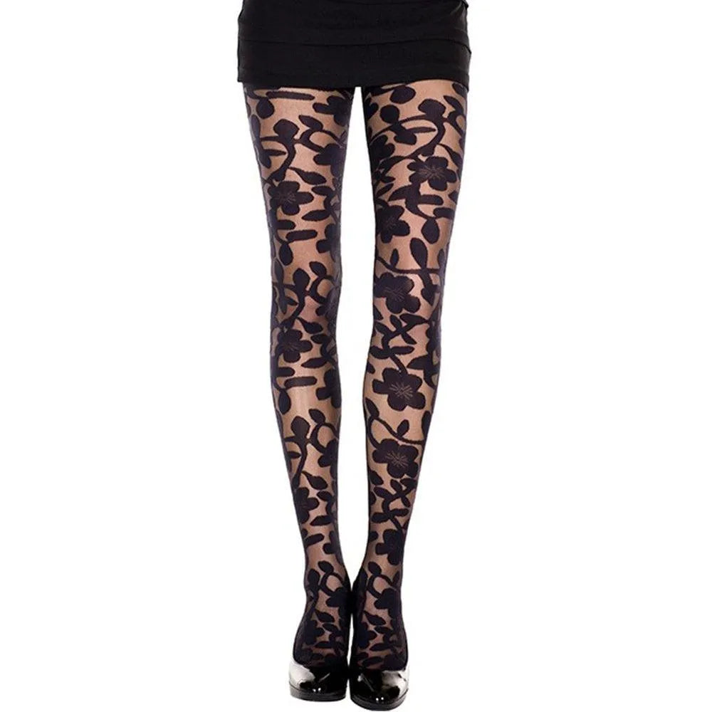 Collant Noir Imprimé Floral MusicLeg Nylon Spandex Doux Confortable Sensuel Glamour Chic Élégant Féminin Sexy Extensible Polyvalent Résistant