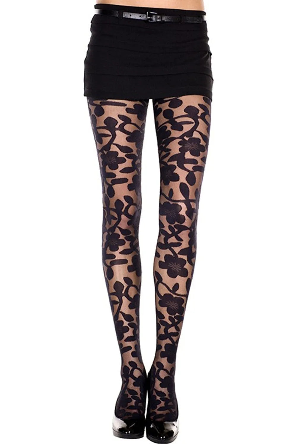 Collant noir imprimé floral, élégant et sensuel, en nylon spandex, pour un look chic et confortable.