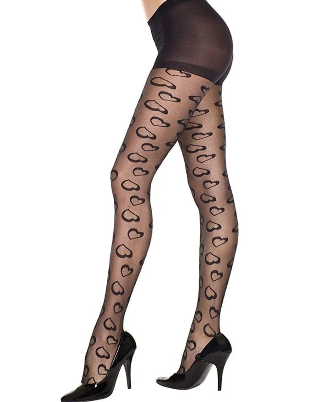 Collant noir glamour avec motifs cœurs irréguliers, nylon extensible, chic et romantique pour soirées élégantes.