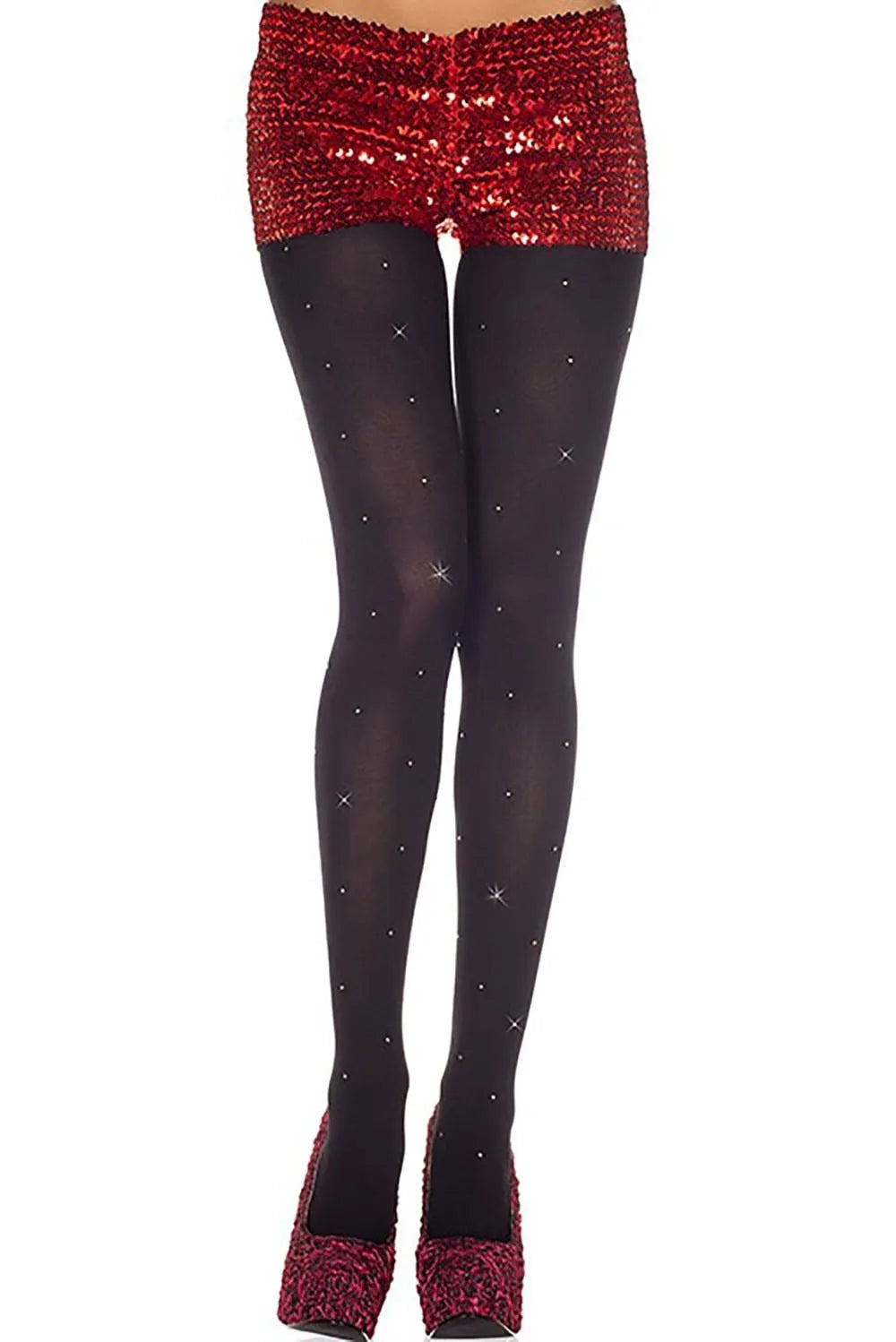 Collant noir opaque brillant avec incrustations scintillantes, élégant et glamour pour soirée, en nylon élasthanne.