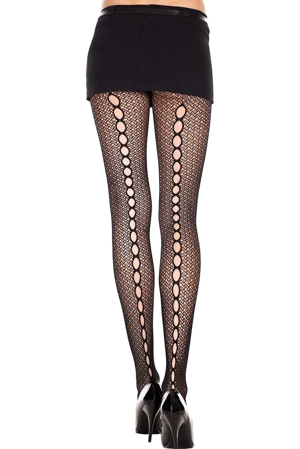 Collants noirs résille effet filet avec ouverture arrière, couture ajourée, style sexy et audacieux, nylon élasthanne.