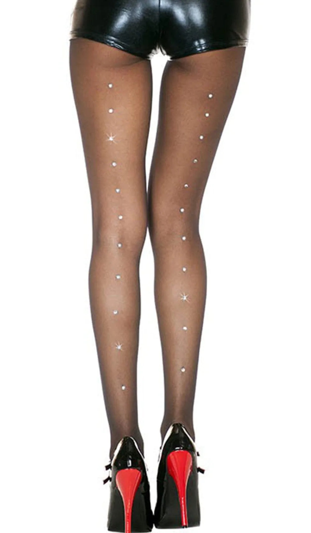 Collant noir transparent avec strass arrière, élégant et glamour, idéal pour soirées spéciales, moderne et chic.