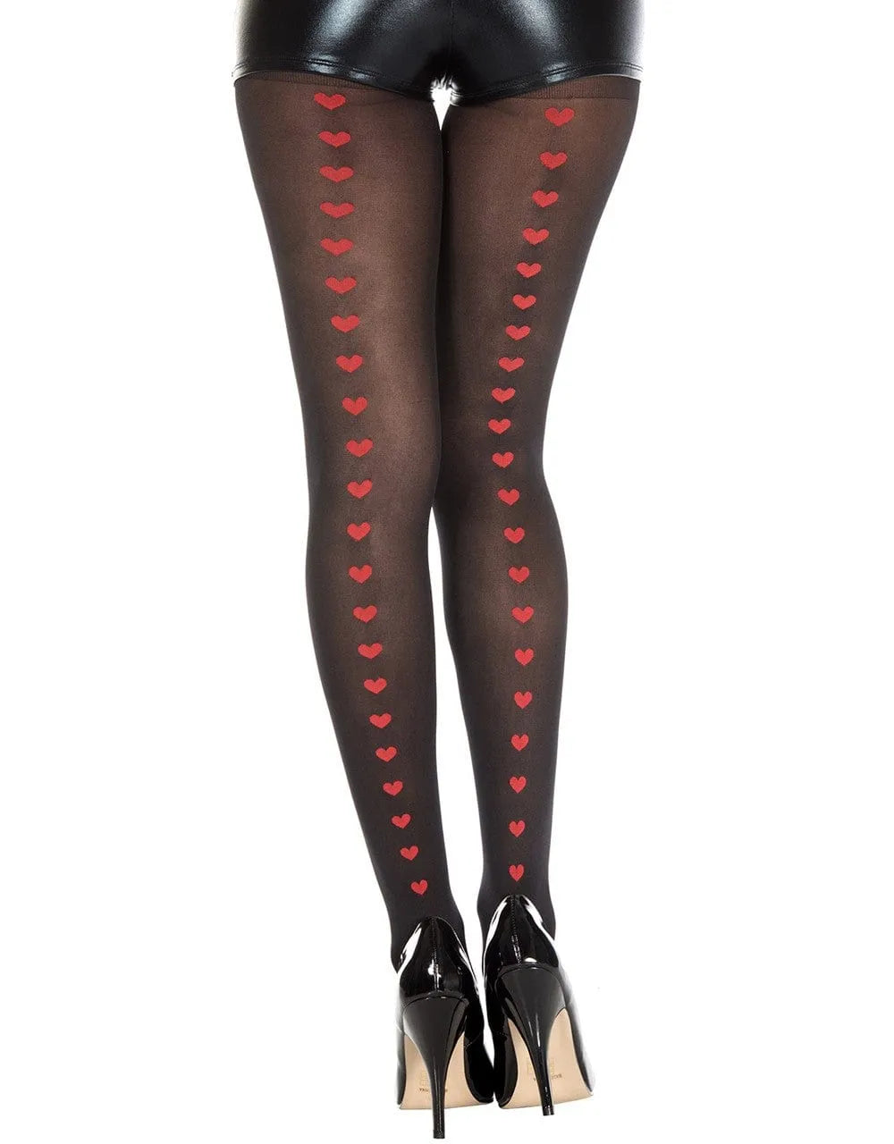 Collant noir semi-opaque avec motifs cœurs rouges à l'arrière, élégant et romantique, idéal pour un style raffiné.