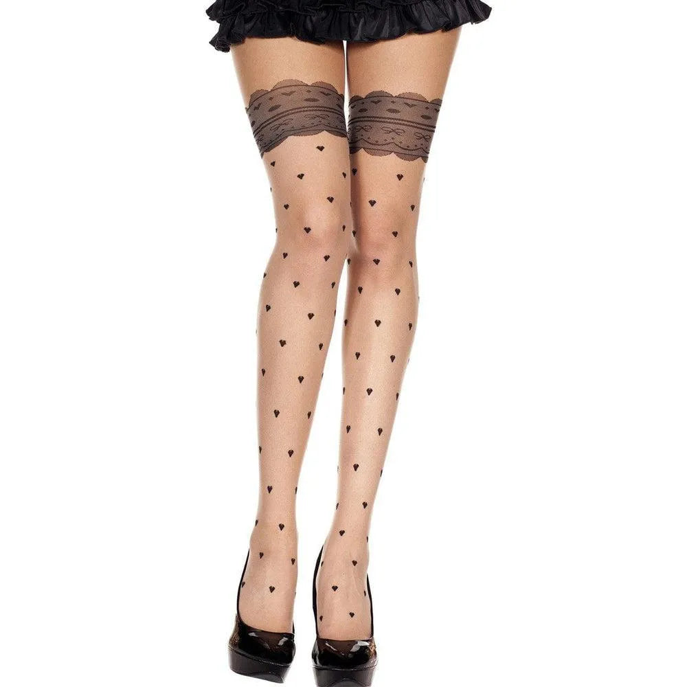 Collant Original Femme Couleur Chair Effet Bas Sexy Fantaisie Dentelle Noire Coeurs Noirs Nylon Élasthanne Confort Élégant Audacieux Glamour Motifs