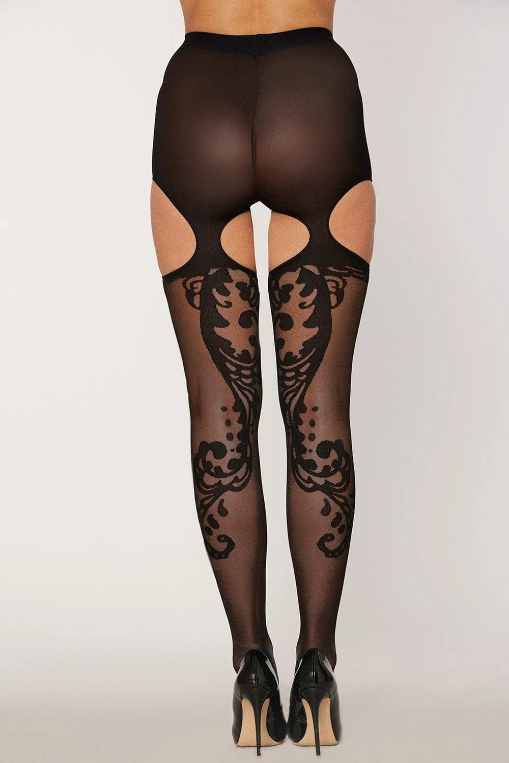 Collant noir taille haute avec jarretelles et motifs élégants, style culotte, semi-transparent et sculptant.