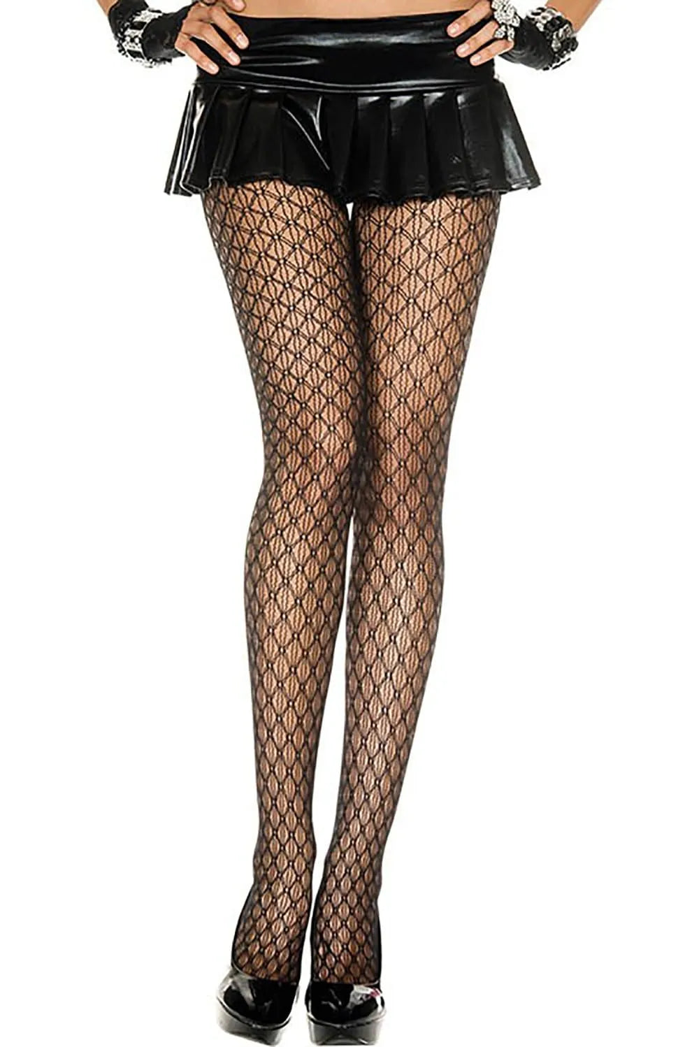Collant résille noir sans couture, maille fine élégante, silhouette sophistiquée, idéal pour soirées glamour.