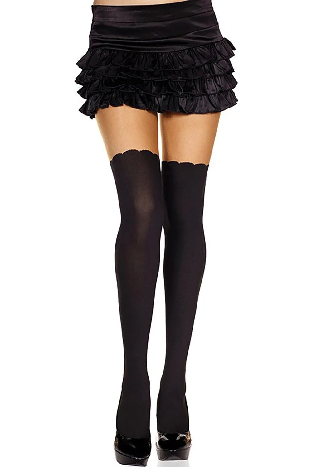 Collant bicolore vague, partie supérieure chair, jambes noires, nylon spandex, élégant et sculptant, silhouette féminine.