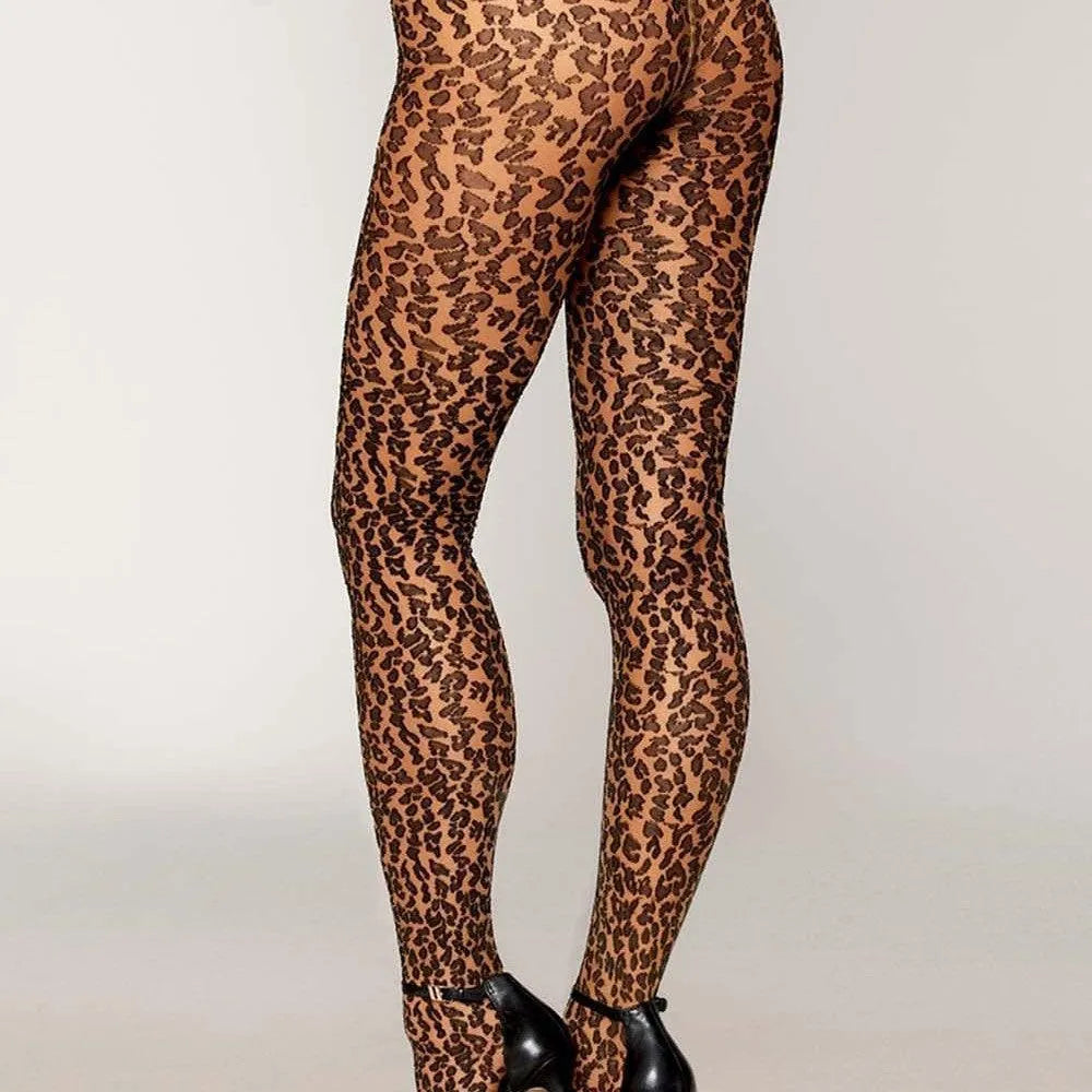 Collants bicolores motif léopard, ceinture élastique large, confort et style, polyester nylon élasthanne.