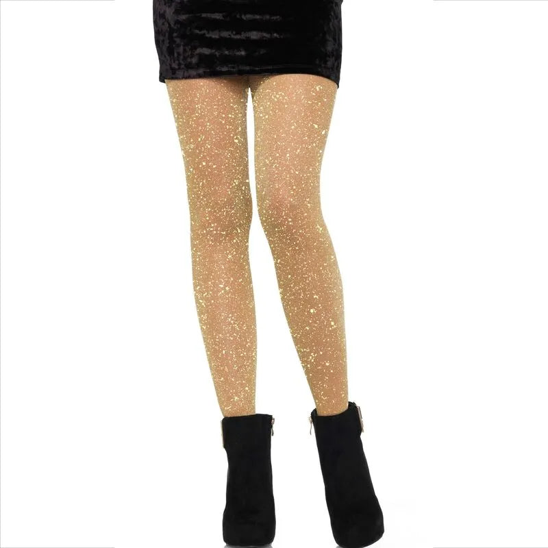 collants dorés transparents soirées élégantes scintillants glamour extensibles confortables nylon métallisé élasthanne douceur taille unique polyvalents séduisants