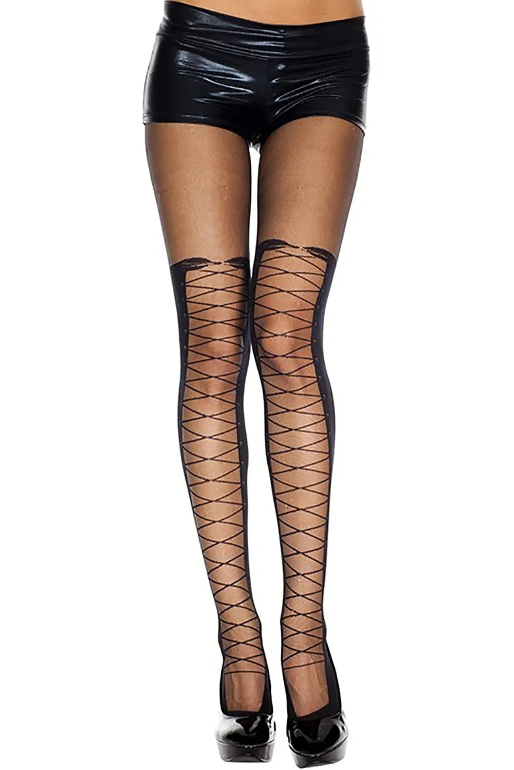 Collants laçage croisé bicolore chair noir, effet devant, nylon spandex, élégants, sophistiqués, galbants, soirée.