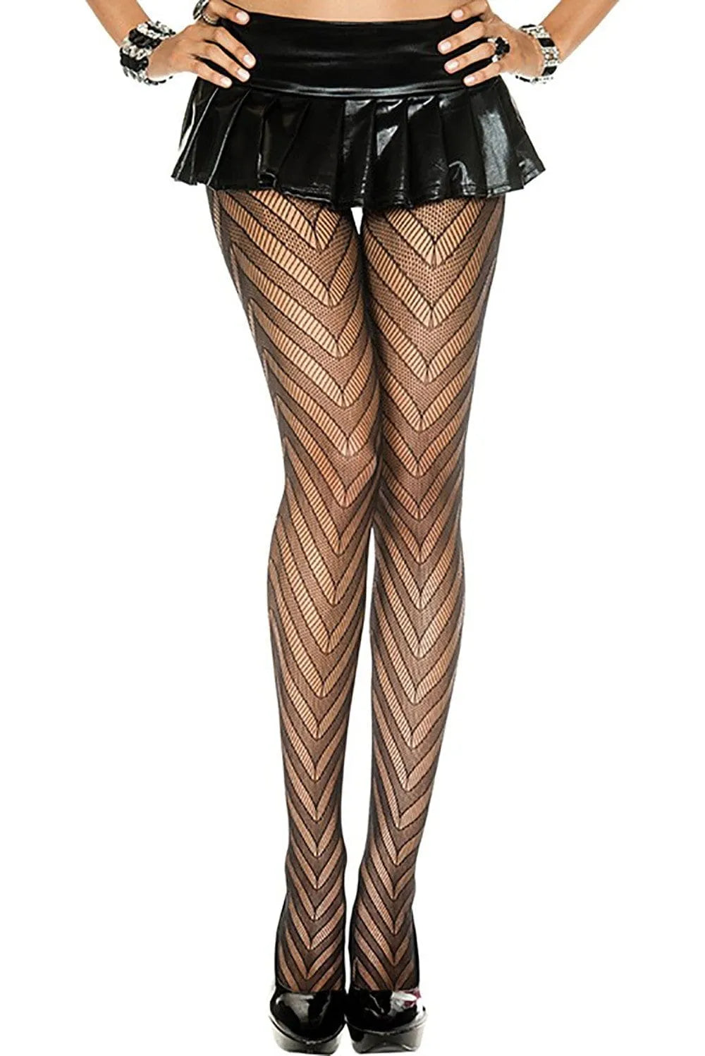Collants résille noirs zigzag élégants, motifs modernes, féminins, parfaits pour soirée ou bureau, style chic et sophistiqué.