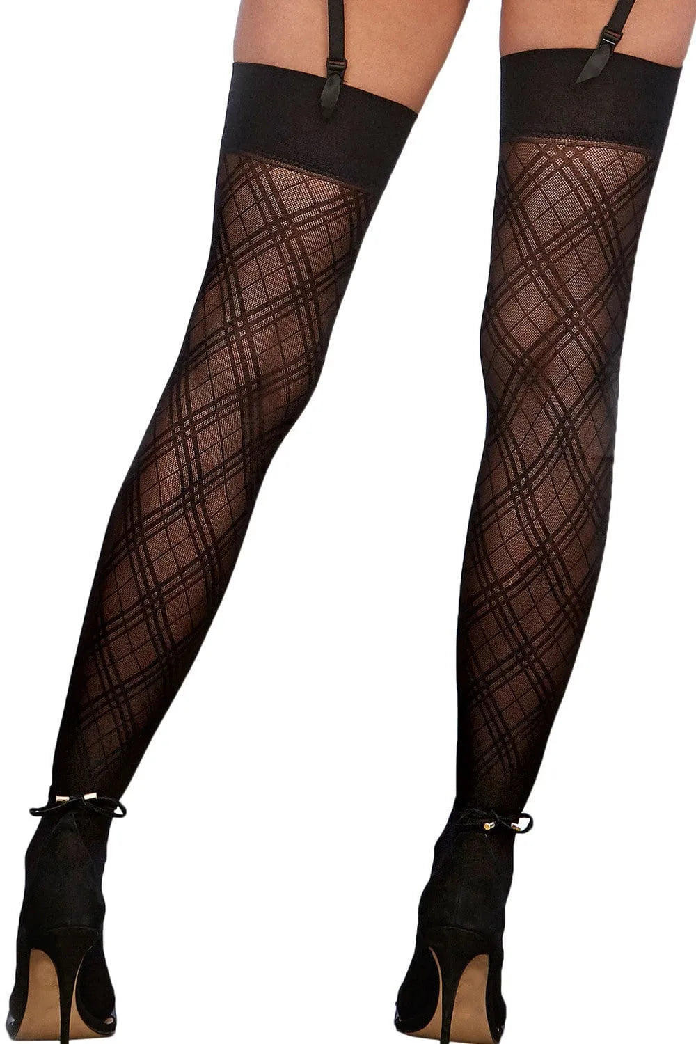 Collants transparents noirs motif quadrillé élégant, haut uni, compatibles porte-jarretelles, style sophistiqué.