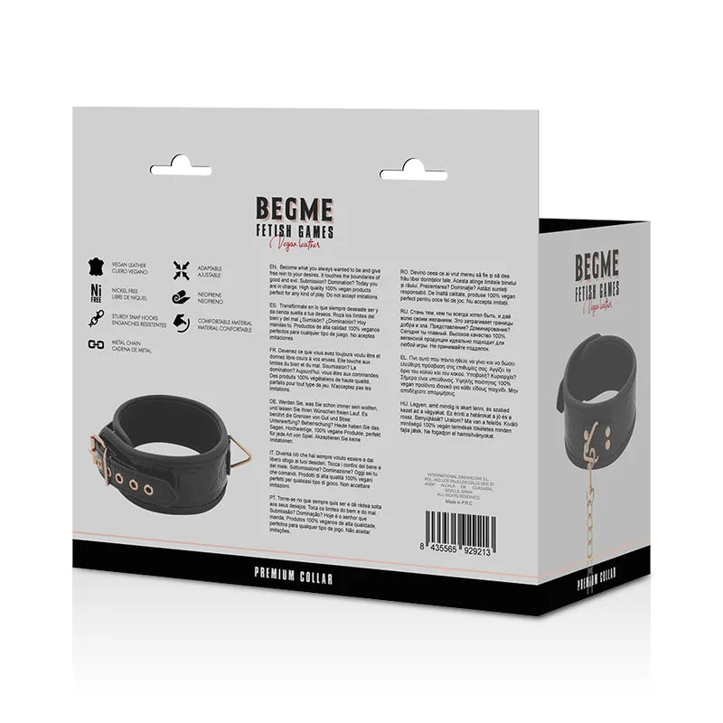 collier BDSM cuir végétalien hypoallergénique sans nickel chaîne métallique anneau imposant sangle ajustable néoprène confortable robuste résistant éthique design élégant
