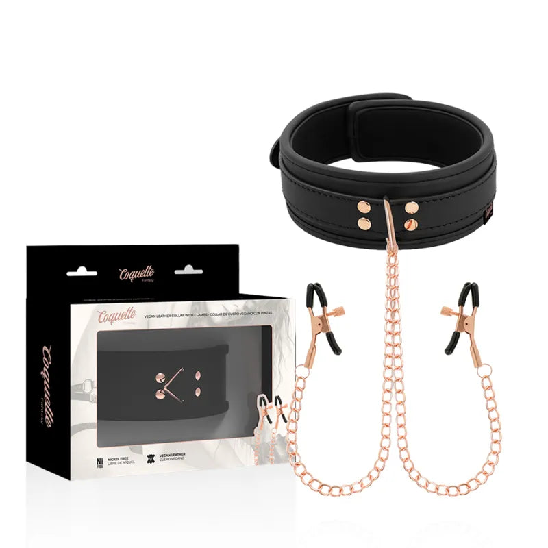 collier BDSM cuir végétalien souple écologique confortable ajustable pinces tétons chaînes métalliques hypoallergénique anneau robuste laisse amovible