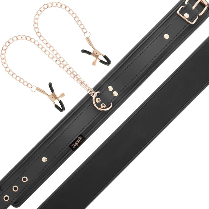 Collier BDSM cuir vegan noir avec pinces à tétons, chaînes dorées, anneau robuste et boucle ajustable.