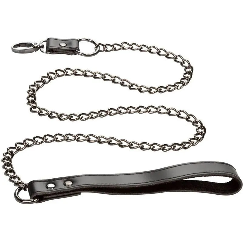 Collier BDSM chaîne métal, cuir végétalien noir, intérieur velours, boucle sécurisée, boutons-pression, moderne et robuste.