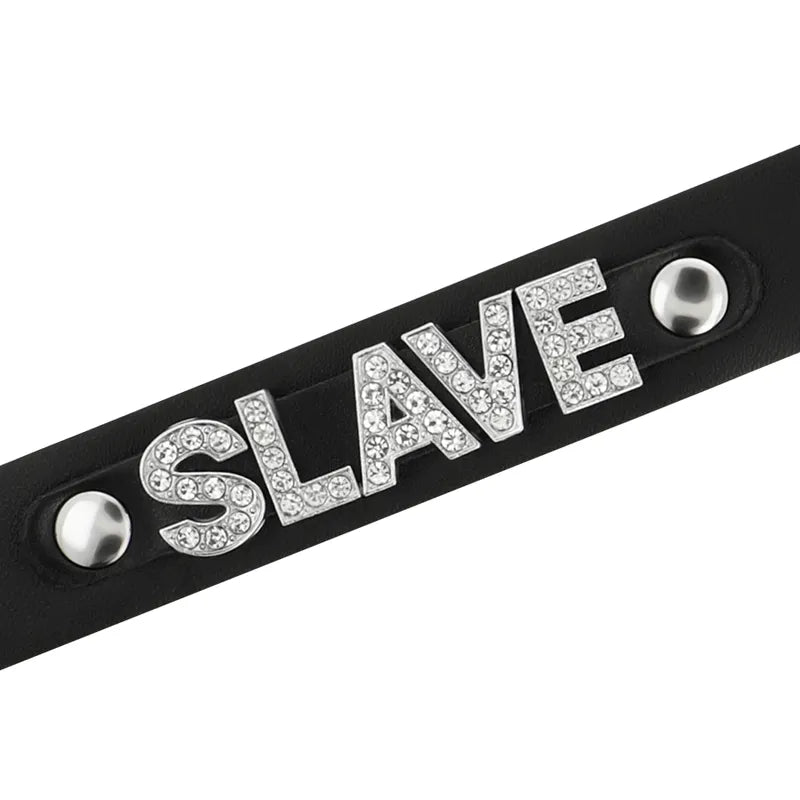 Collier BDSM noir en cuir végétalien avec lettres argentées, ajustable, élégant et éthique pour moments fétichistes.