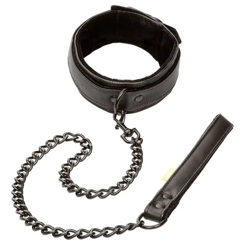 Collier BDSM cuir végétalien noir avec laisse amovible en chaîne métal, intérieur moelleux, design élégant et éthique.