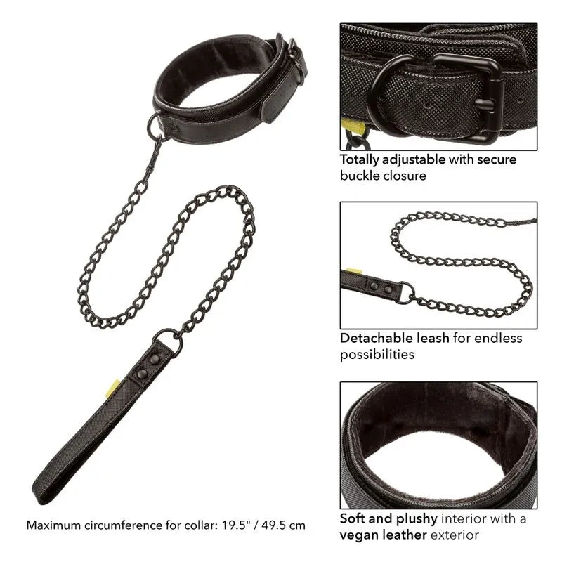 Collier BDSM cuir végétalien noir avec boucle robuste, laisse amovible en métal, intérieur moelleux pour confort optimal.
