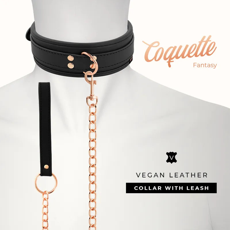 Collier BDSM noir en cuir végétalien avec chaîne en métal doré, ajustable et élégant, sans nickel, pour usage sécurisé.