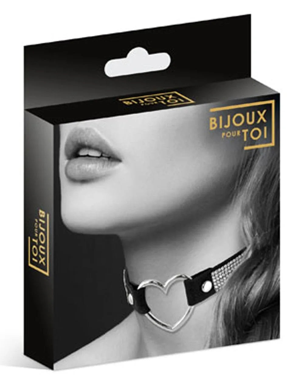 Collier BDSM cuir noir réglable, coeur métal argenté, bande strass, élégant, 39cm x 17cm, accessoire fétichiste femme.