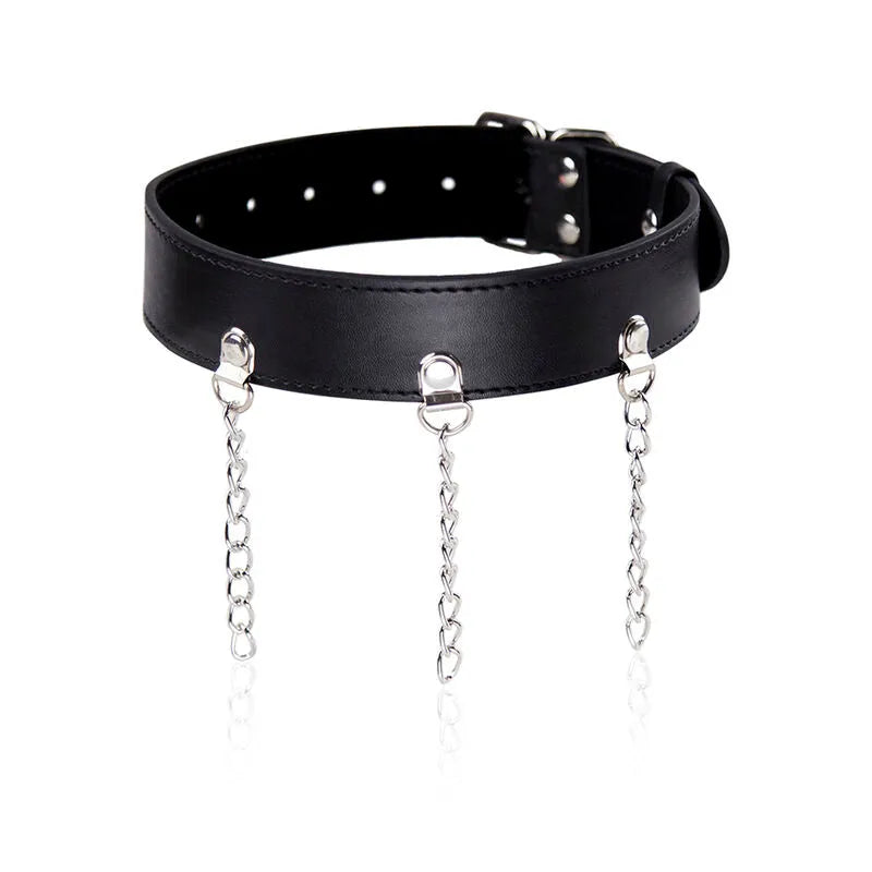 Collier BDSM noir en simili cuir ajustable avec anneaux métal et chaînes, idéal pour fétichisme et jeux de rôle.