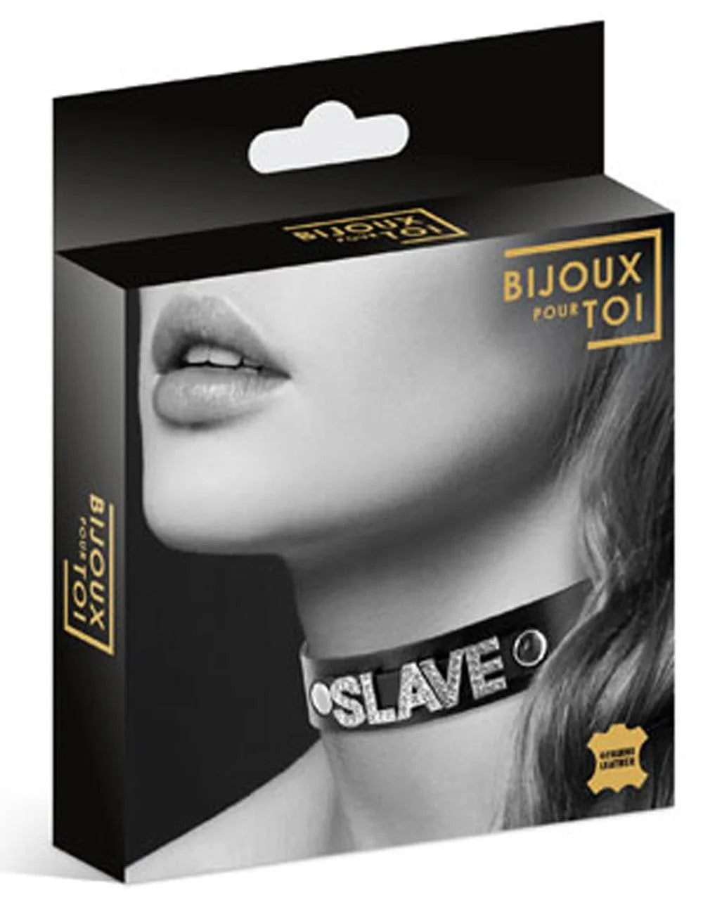 Collier BDSM en cuir noir avec inscription SLAVE en strass, réglable par pressions, élégant et robuste, sur fond neutre.