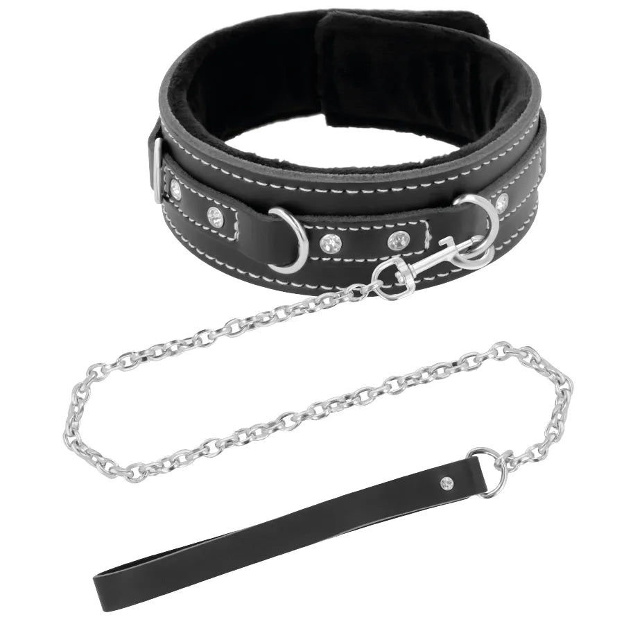 Collier BDSM cuir noir rembourré avec boucle verrouillage, anneau attache, chaîne maillons et laisse élégante.