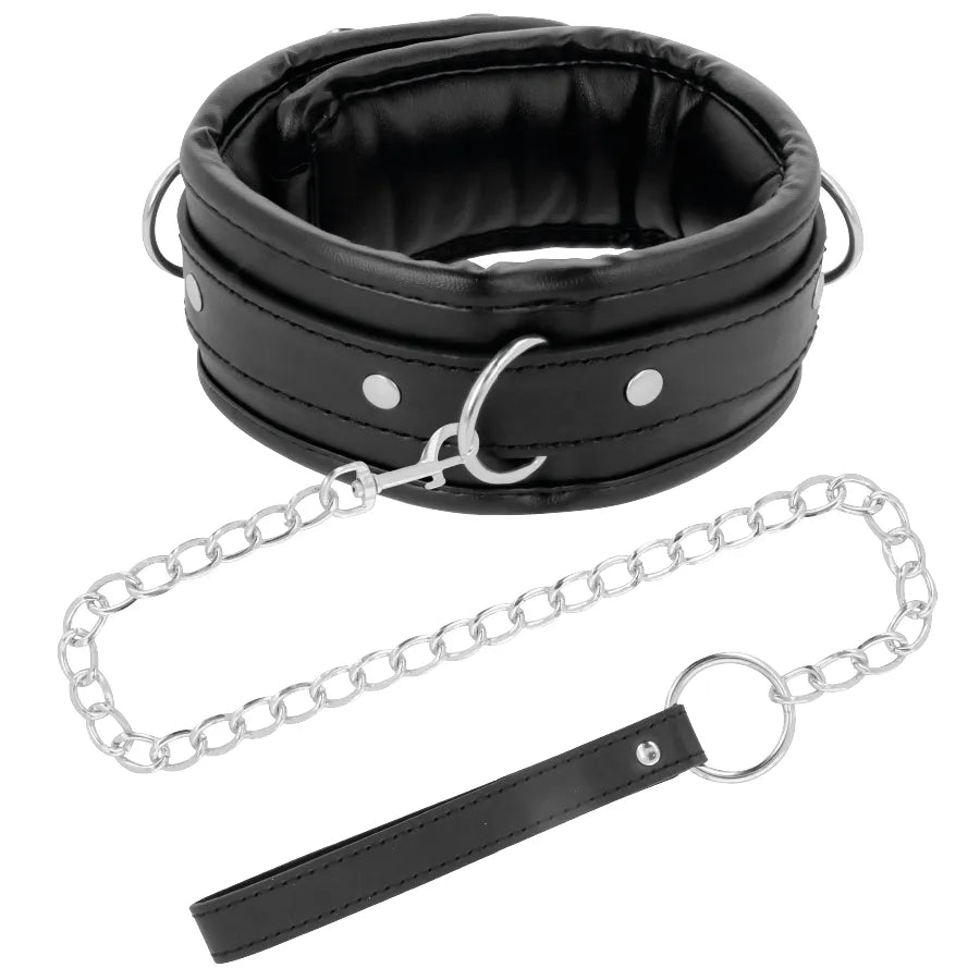 Collier de posture BDSM en cuir noir rembourré avec boucle verrouillage, laisse chaîne argentée, anneau fixation.