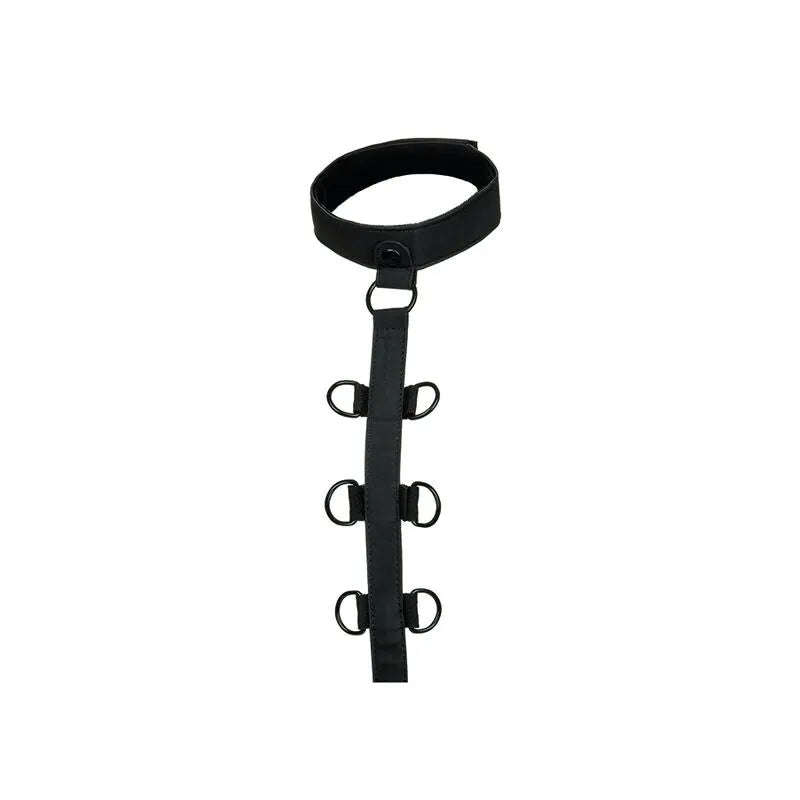 Collier bondage cuir végétalien noir, ajustable, avec anneaux pivotants robustes et poignets amovibles réversibles.