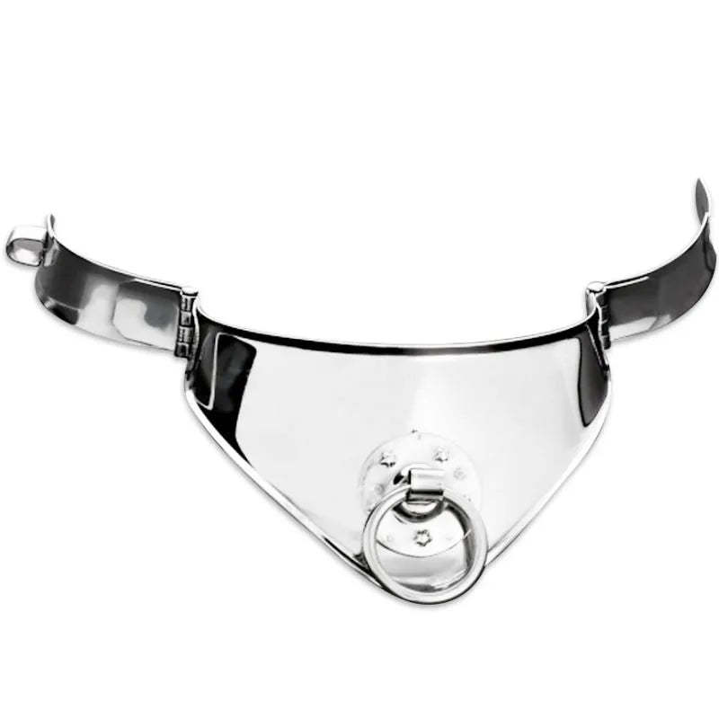 Collier esclave BDSM en acier inoxydable, verrouillable, design antique, bords lisses, anneau avant, charnières latérales.