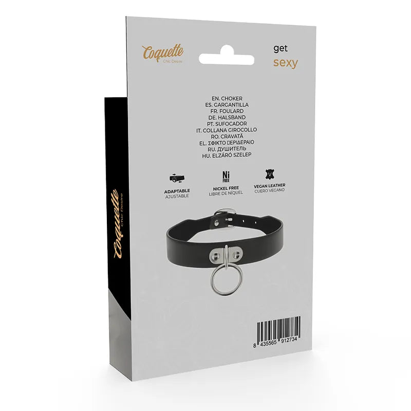 Collier fétiche cuir vegan noir, ajustable, fermeture trois boutons-pression, chic et éthique, longueur 43 cm, hauteur 2 cm.