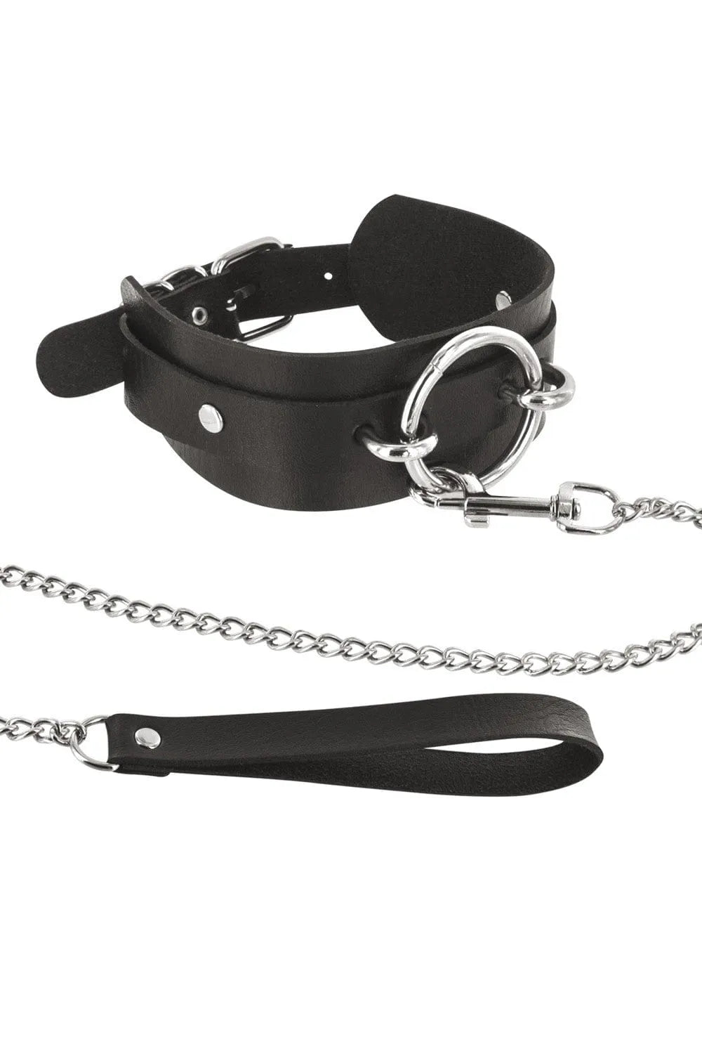 Collier BDSM noir large avec anneau métal fixe, laisse de 114 cm, réglable et confortable, accessoire de jeu coquin.