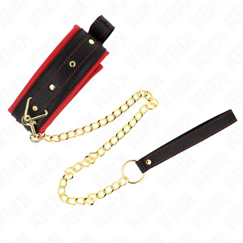 Collier laisse BDSM en cuir noir et rouge, chaîne dorée, boucle métallique, élégant et robuste pour jeux de domination.
