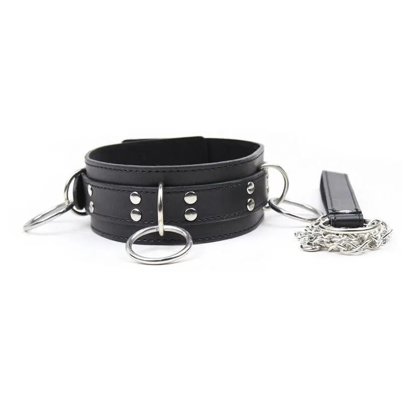 Collier laisse fétiche noir en simili cuir avec chaîne métal, anneaux polyvalents, ajustable et élégant pour exploration s...