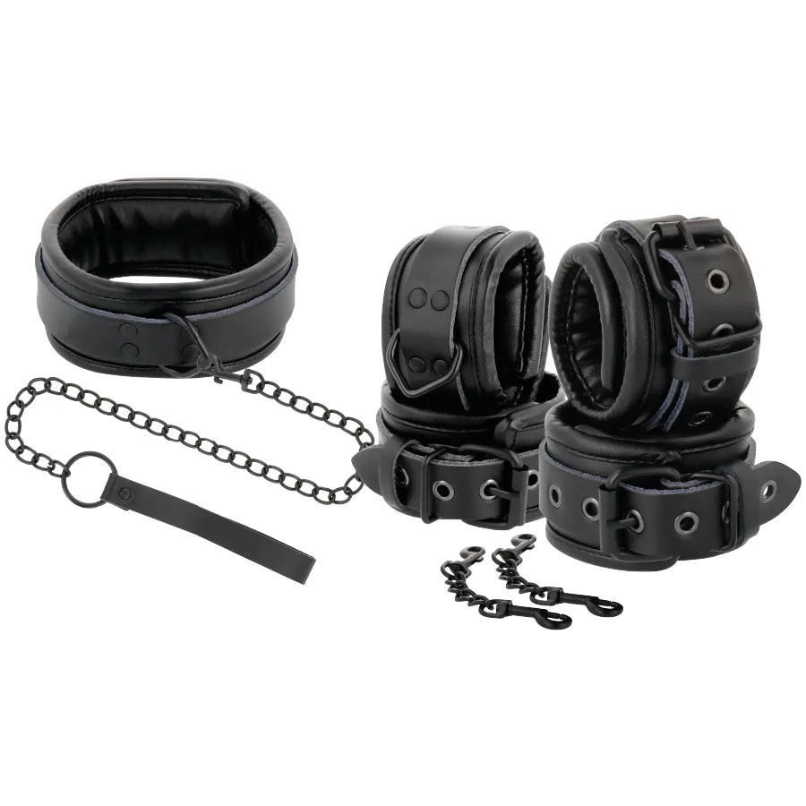 Collier menottes cuir noir robuste, coutures raffinées, sangles ajustables, sécurité maximale, confort optimal BDSM.