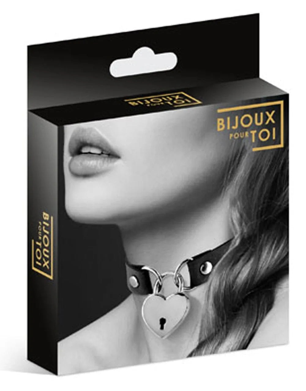 Collier cuir noir SM avec pendentif cadenas cœur, clés incluses, pour jeux érotiques, domination et soumission.