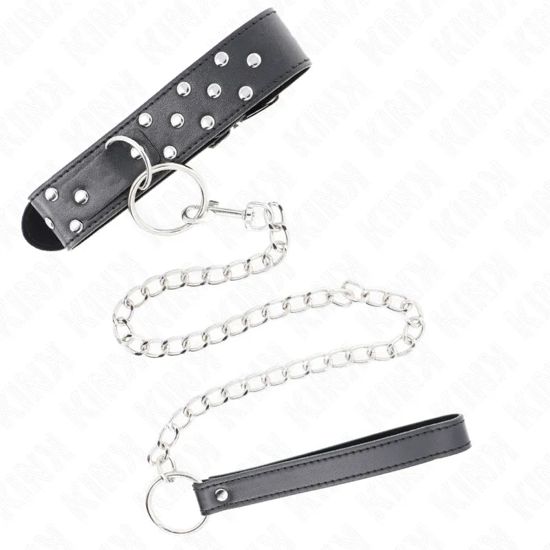 Collier BDSM cuir végétalien noir, boucles ajustables, design élégant avec chaînette argentée, confort et résistance.