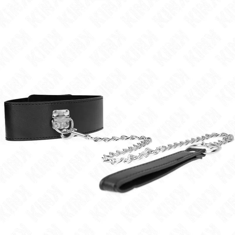 Collier BDSM en cuir noir élégant avec chaîne argentée, design raffiné et robuste, pour style et confort sophistiqués.