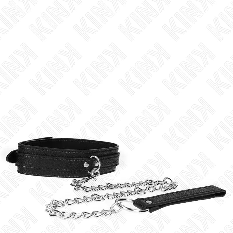 Collier BDSM cuir noir élégant avec boucles métalliques, chaîne argentée, finition luxe, réglable pour confort optimal.