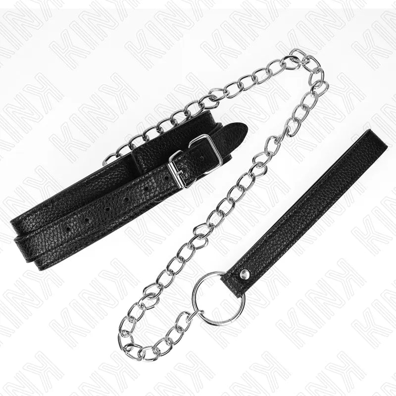 Collier BDSM en cuir noir élégant avec boucles métalliques, chaîne argentée, finition luxe, réglable et confortable.