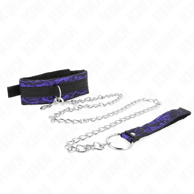 Collier BDSM cuir noir et violet, rembourré, avec boucle réglable et chaîne métallique, élégant et confortable.
