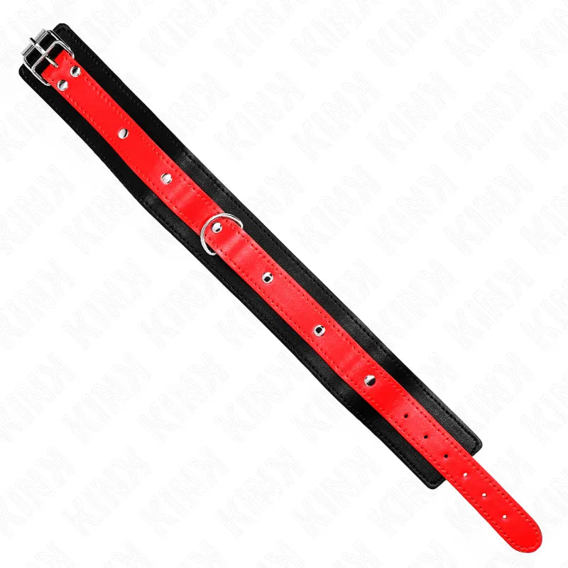 Collier BDSM cuir véritable noir et rouge, ajustable, robuste, élégant, avec boucle métallique, pour séances intenses.