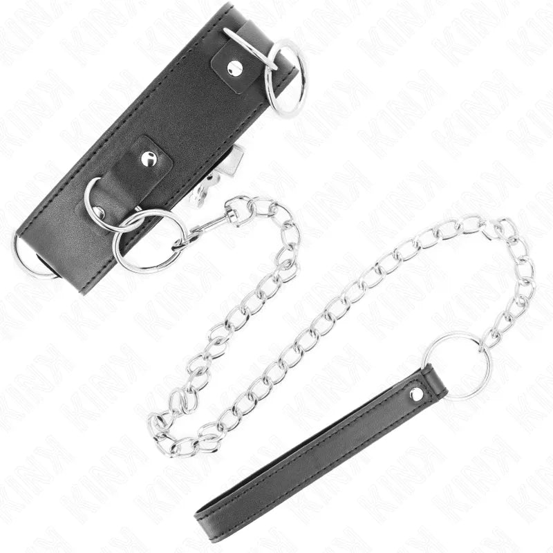 Collier BDSM noir en cuir avec chaîne métallique, boucles ajustables, finition élégante et durable pour soumission esthéti...