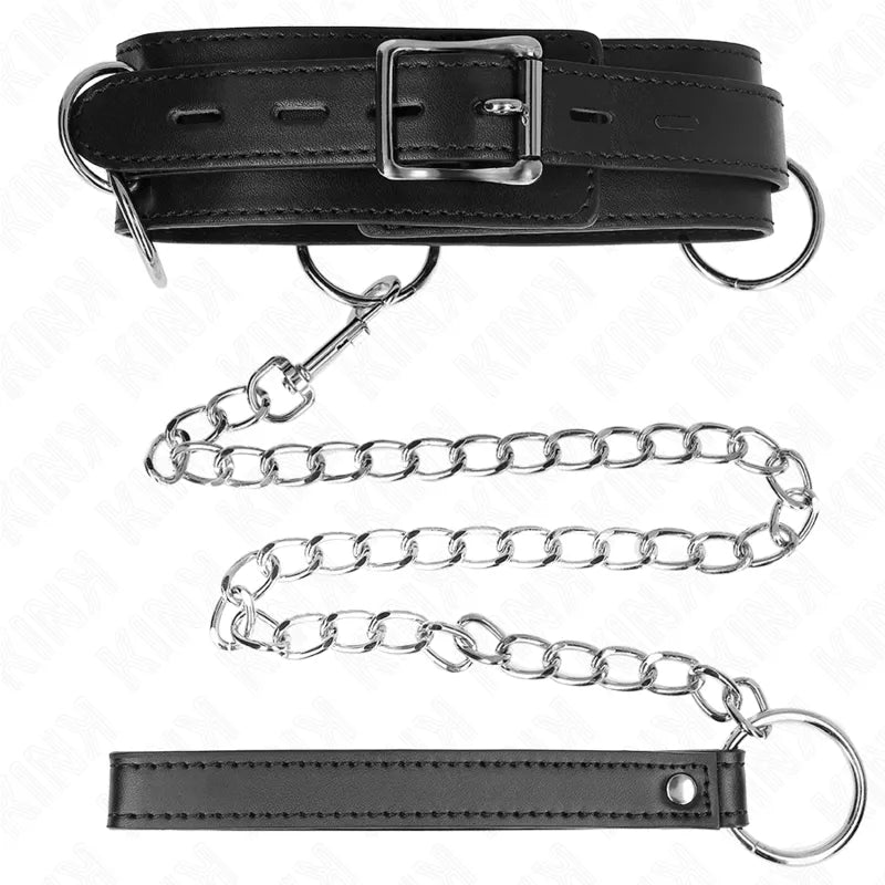 Collier BDSM cuir noir élégant avec boucle réglable et chaîne en métal, design sophistiqué et durable pour jeux adultes.