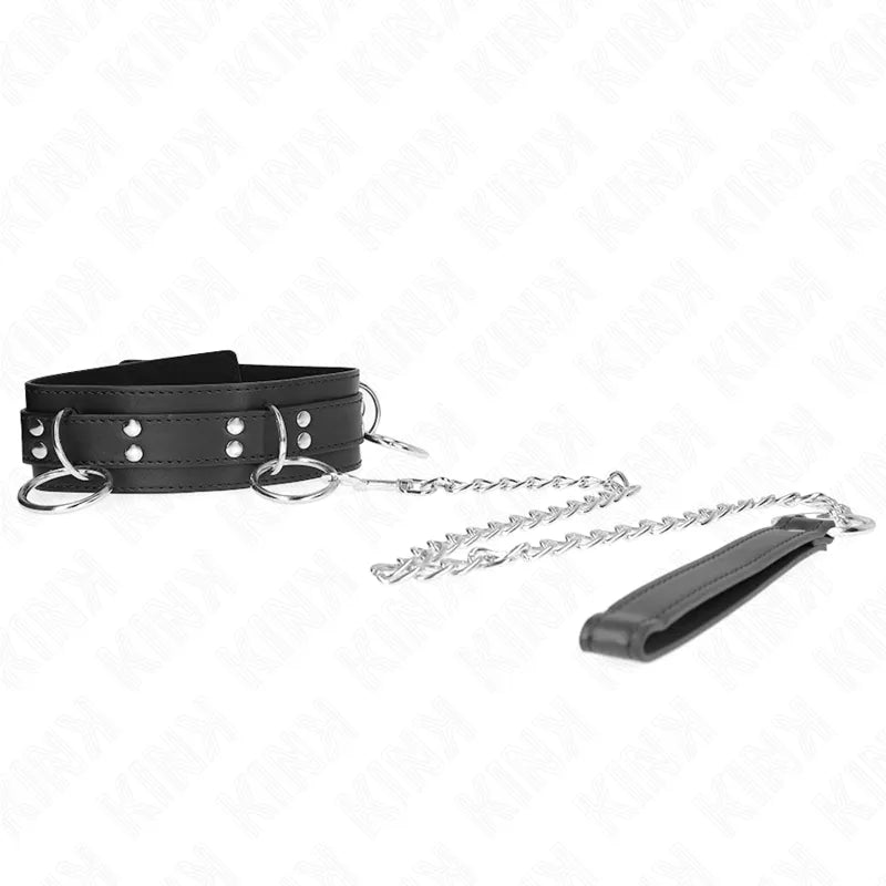 Collier BDSM en cuir noir avec boucles métalliques et chaîne, design élégant et sophistiqué, personnalisable.