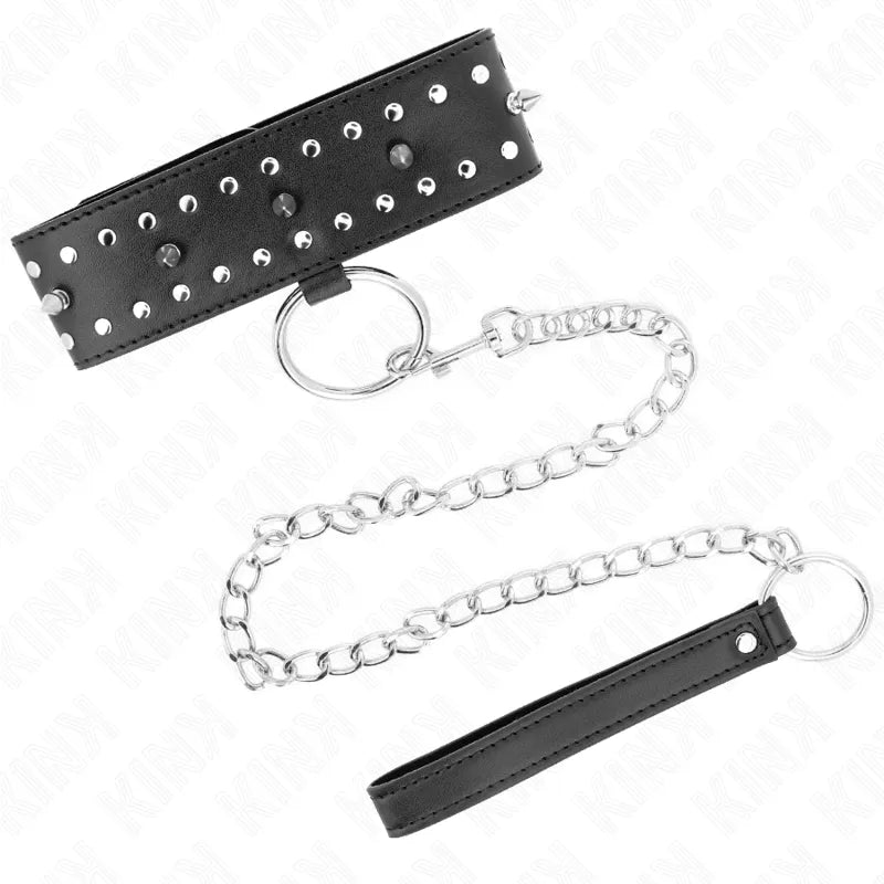 Collier BDSM cuir végétalien noir, boucles métalliques, chaîne argentée, élégant et écoresponsable.