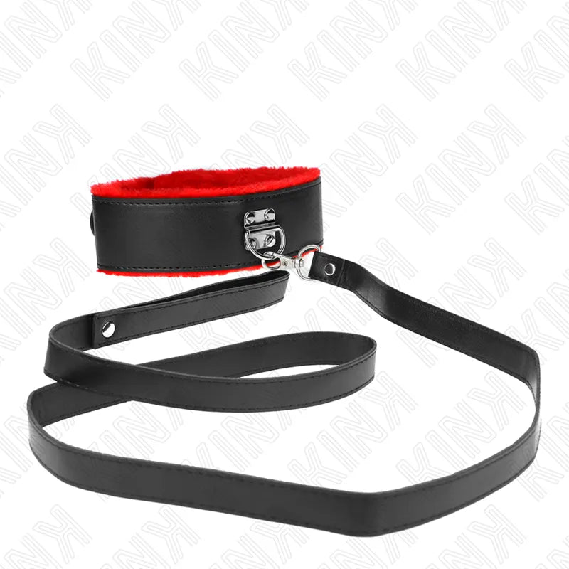 Collier BDSM en cuir noir avec doublure rouge, boucle ajustable, design élégant et robuste, luxe artisanal.