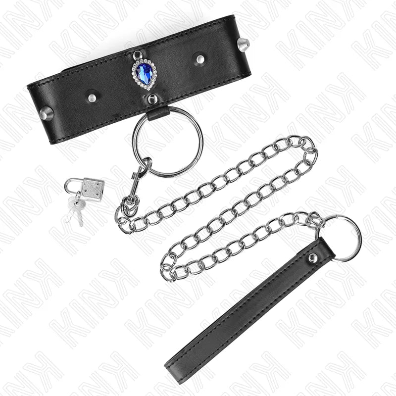 Collier BDSM cuir noir, métal argenté, chaîne amovible, boucle réglable, design élégant et sophistiqué.