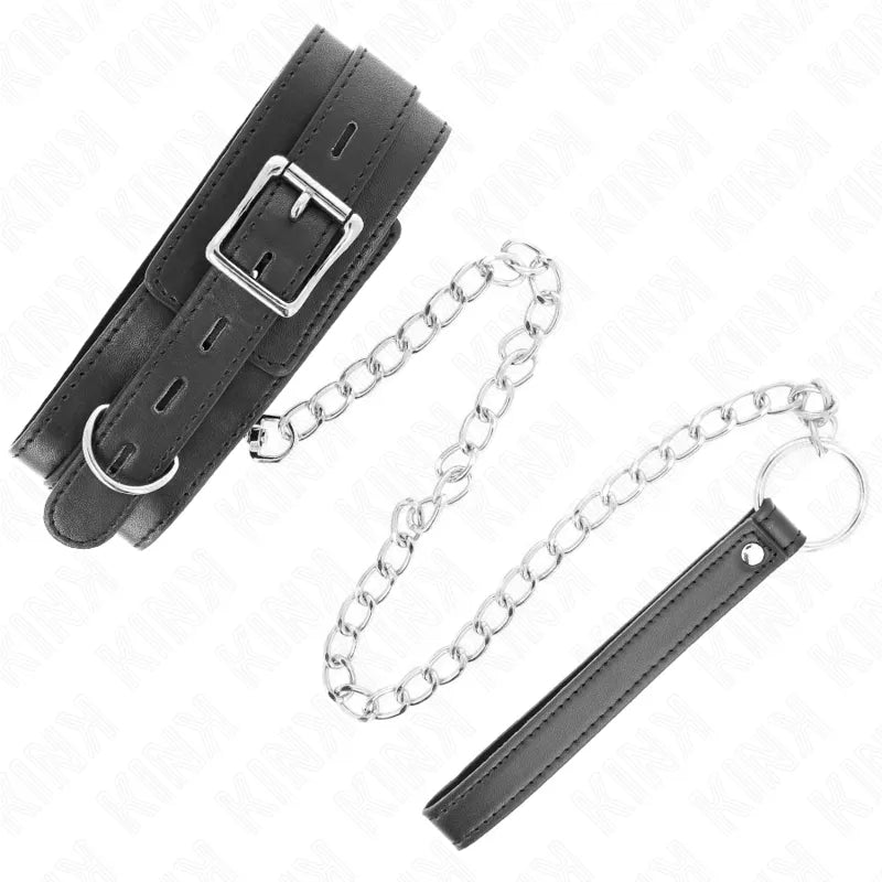 Collier et laisse BDSM en cuir noir élégant avec boucle métallique, chaîne robuste et poignée assortie pour jeux de domina...